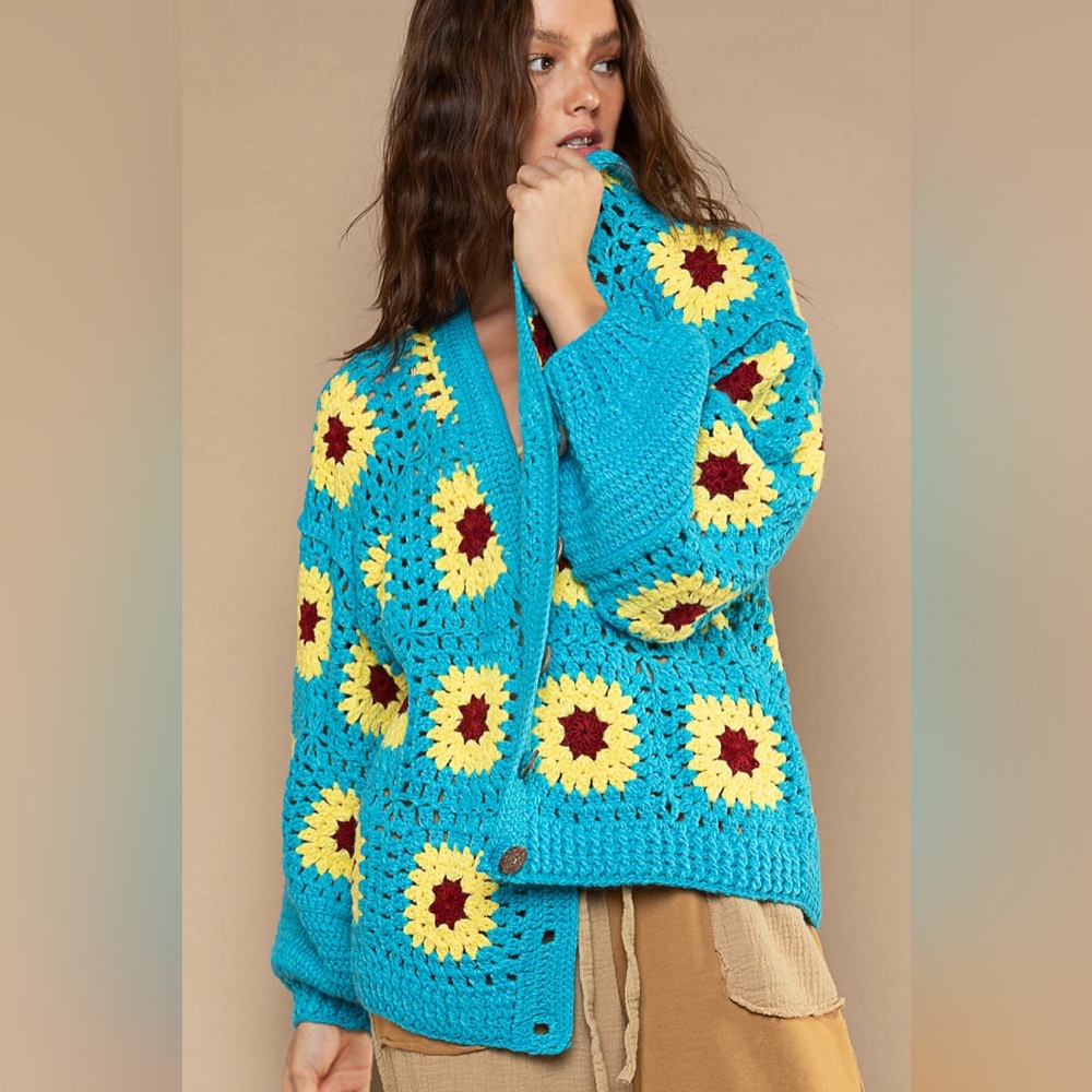 New POL Blue and Yellow Crochet Sweater